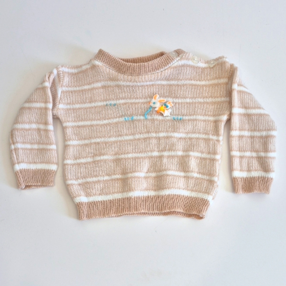 Vintage Knit Embroidered Sweater Striped Beige and White Baby Sweater